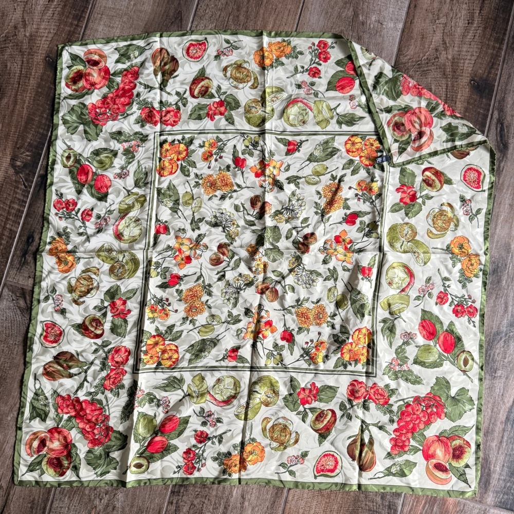 Vintage Italian Silk Fruit Botanical Jacquard Damask Scarf, Green Multi, 34" - Picture 4 of 5